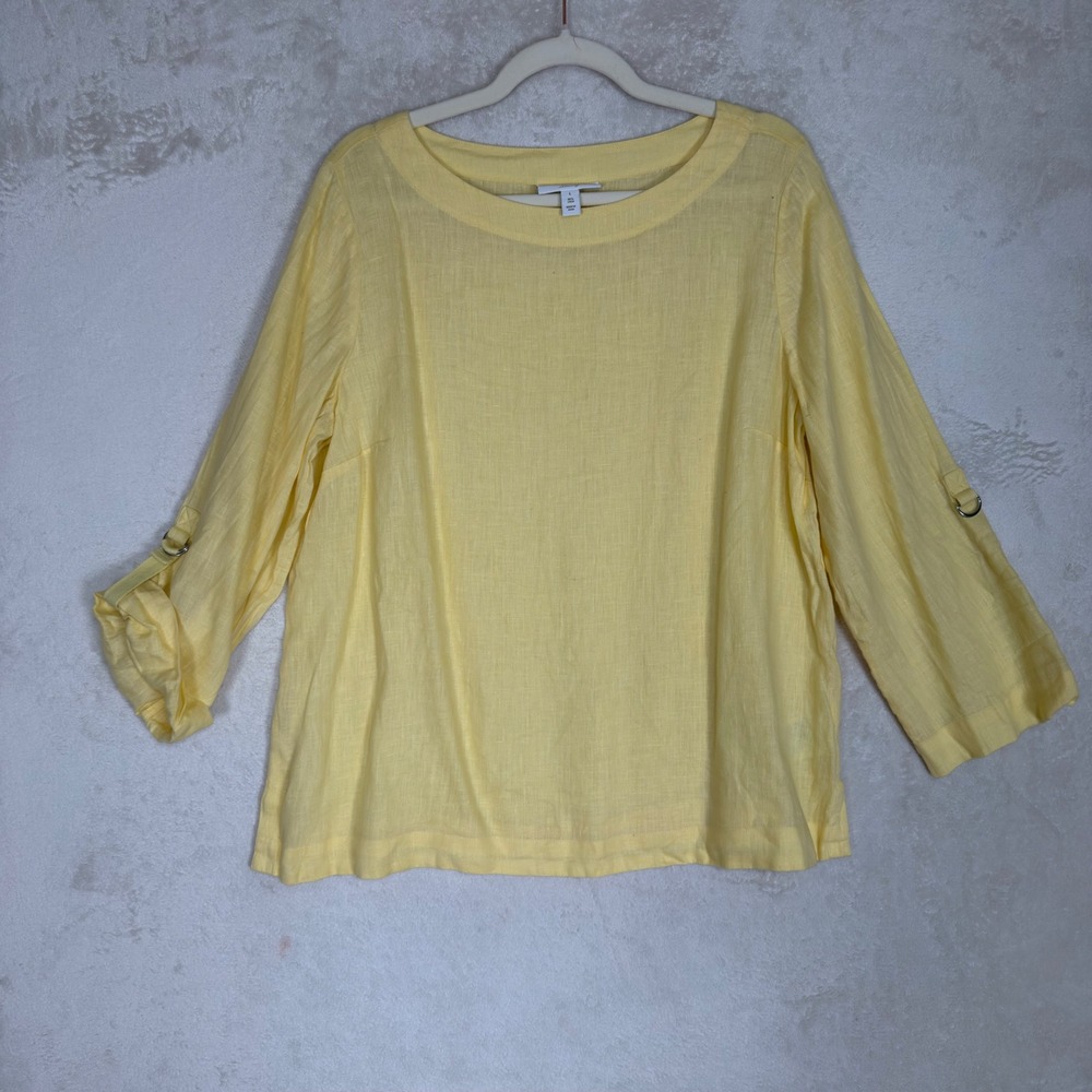 Charter Club Luxury Yellow Linen Blouse Roll Tab 3/4 Sleeve Boat Neck Top Large
